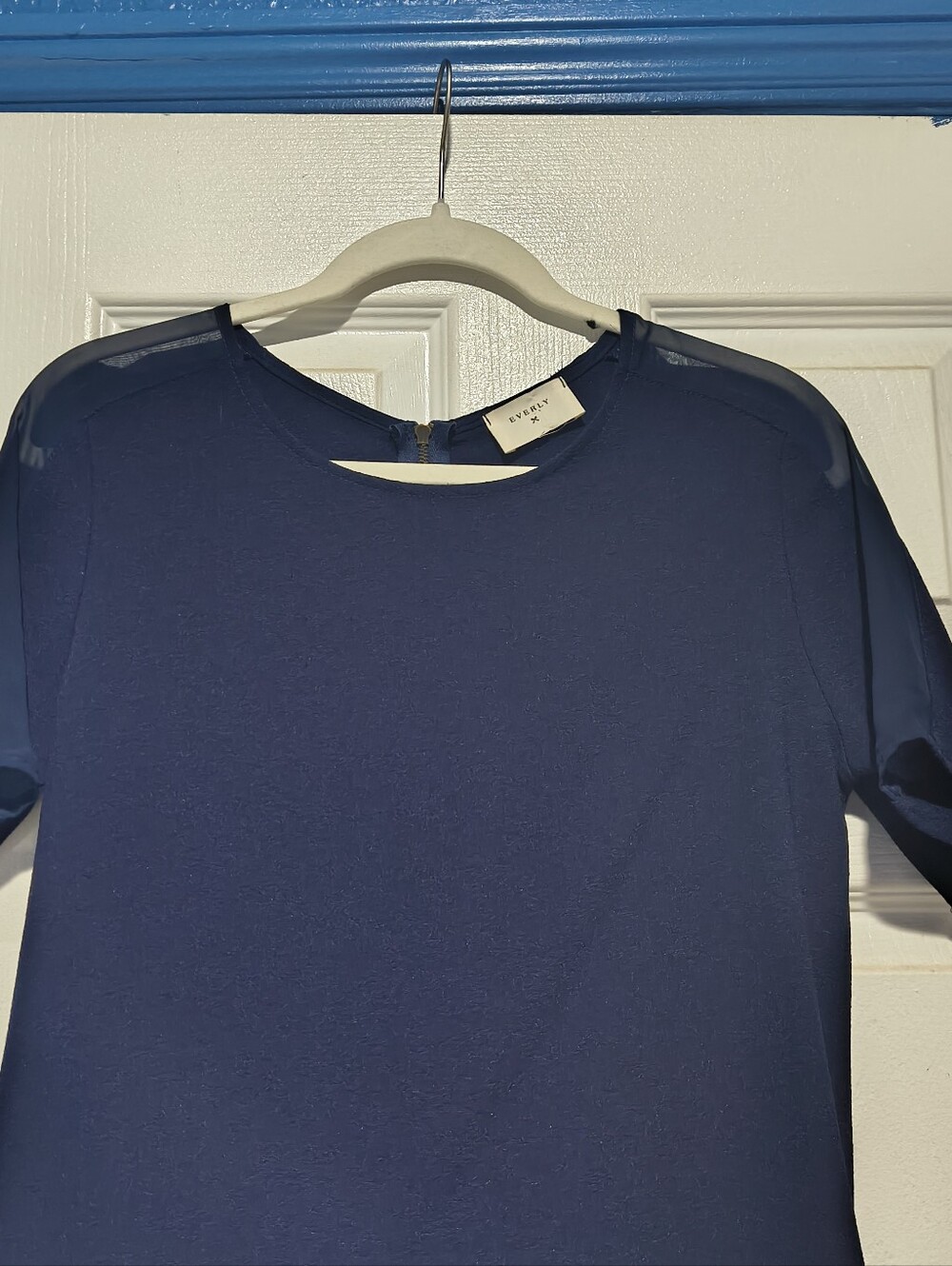 Everly Navy Blue Sheer Mesh Shoulder Shift Dress Short Sleeve Size S - Picture 4 of 8